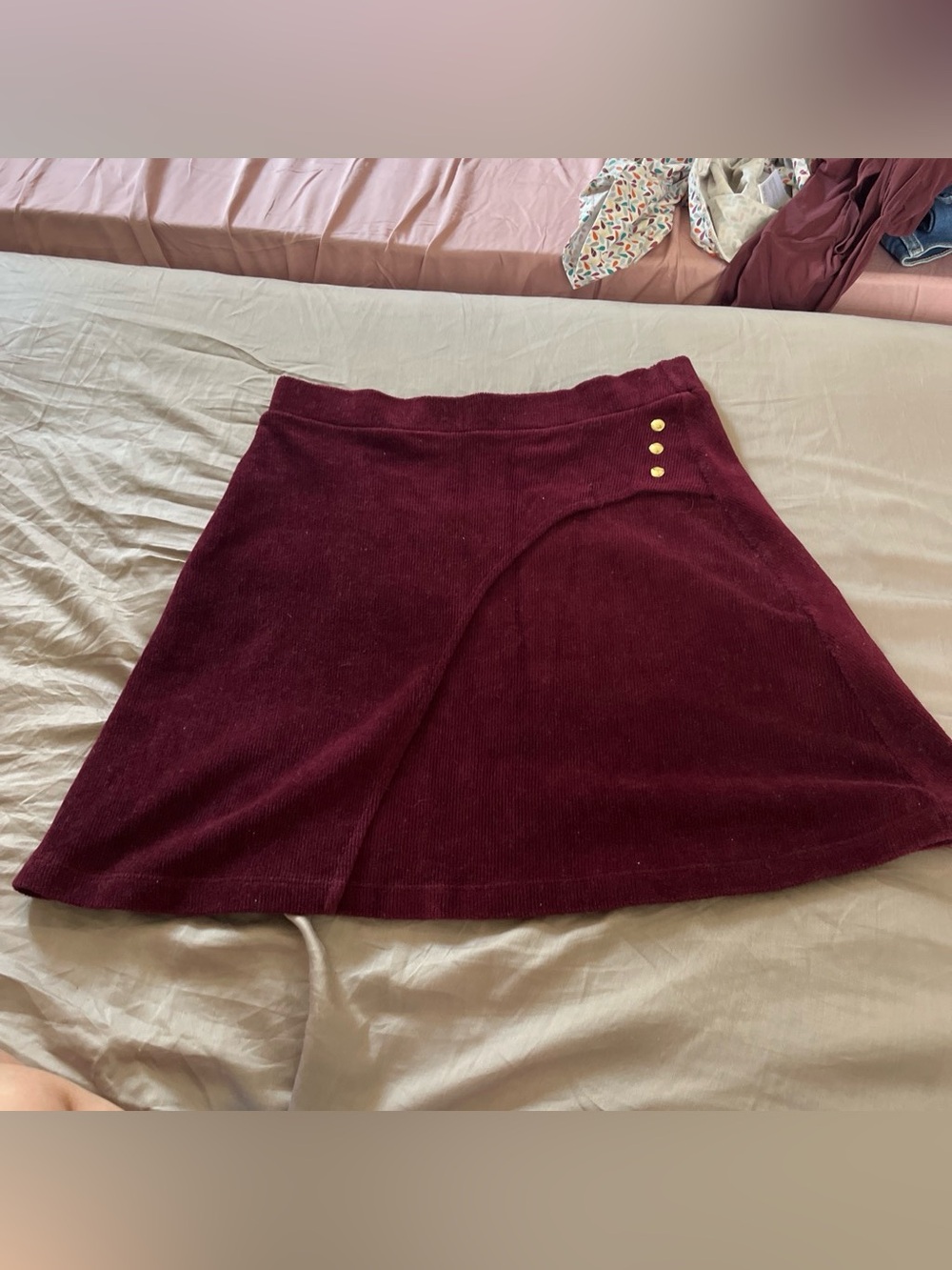 ASOS Burgundy Wrap-Front A-Line Skirt with Gold Buttons